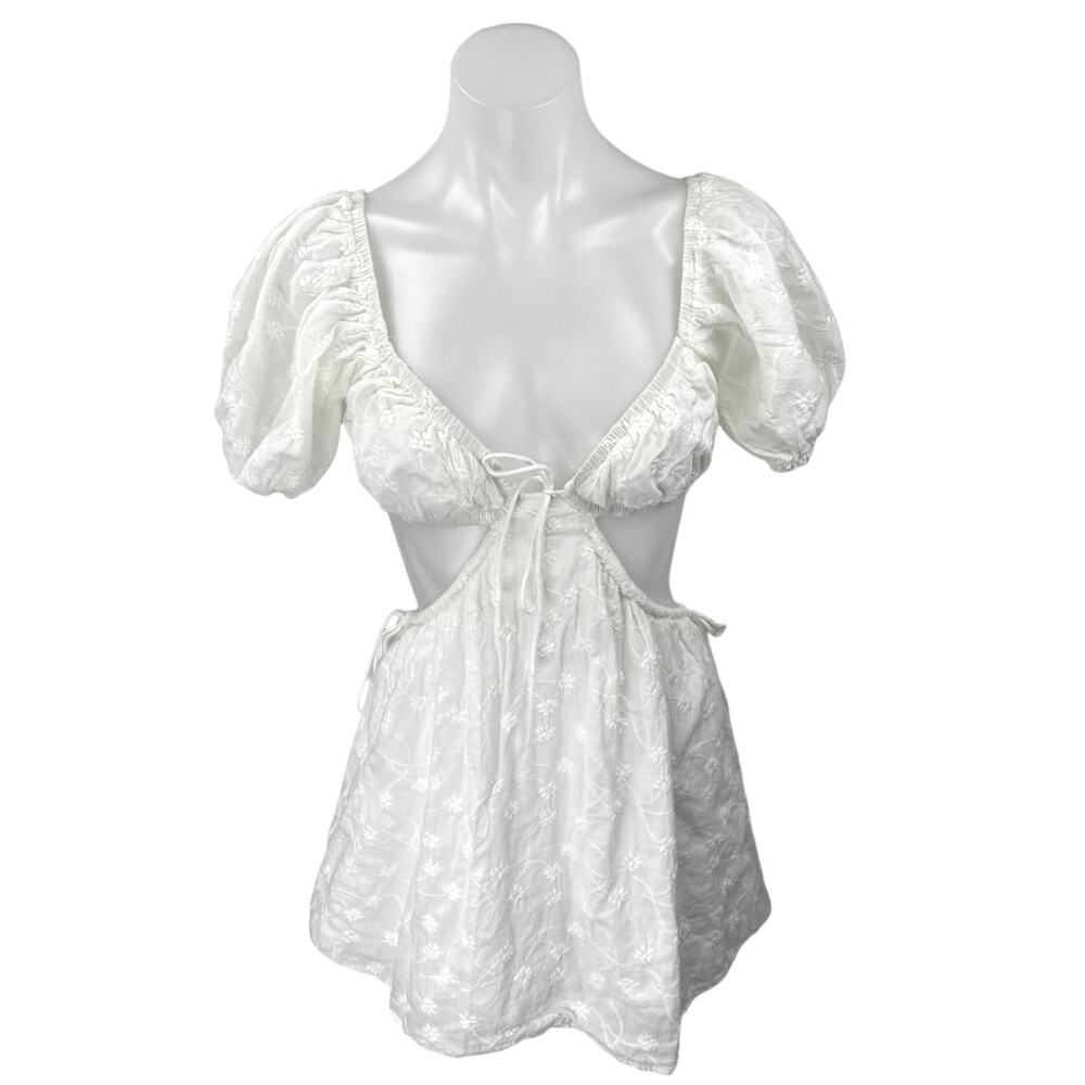 SABO Eilish White Floral Embroidered Cutout Puff Short Sleeve Mini Dress Size XS